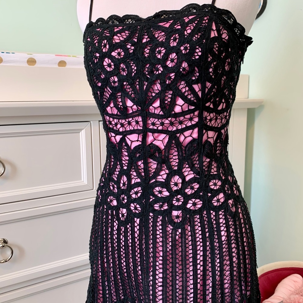 RARE Vintage Betsey Johnson NY Black Crochet Over Pink Spaghetti Strap Dress 4 - Picture 4 of 6